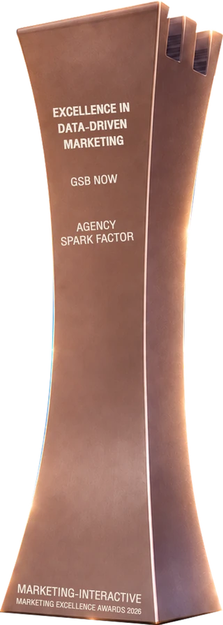 ถ้วยรางวัล Excellence in Data-Driven Marketing สลักชื่อ GSB NOW และ Agency Spark Factor จาก Marketing Excellence Awards 2026