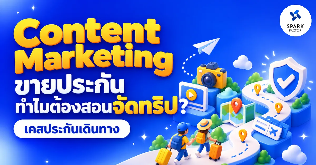 Content Marketing ขายประกัน ทำไมต้องสอนจัดทริป? เคสประกันเดินทาง: นักเดินทางสองคนลากกระเป๋าไปตามเส้นทางที่ผ่านวิดีโอท่องเที่ยว กล้อง แผนที่ และตั๋วเครื่องบิน สู่โล่ประกันเดินทางที่ปลายทาง